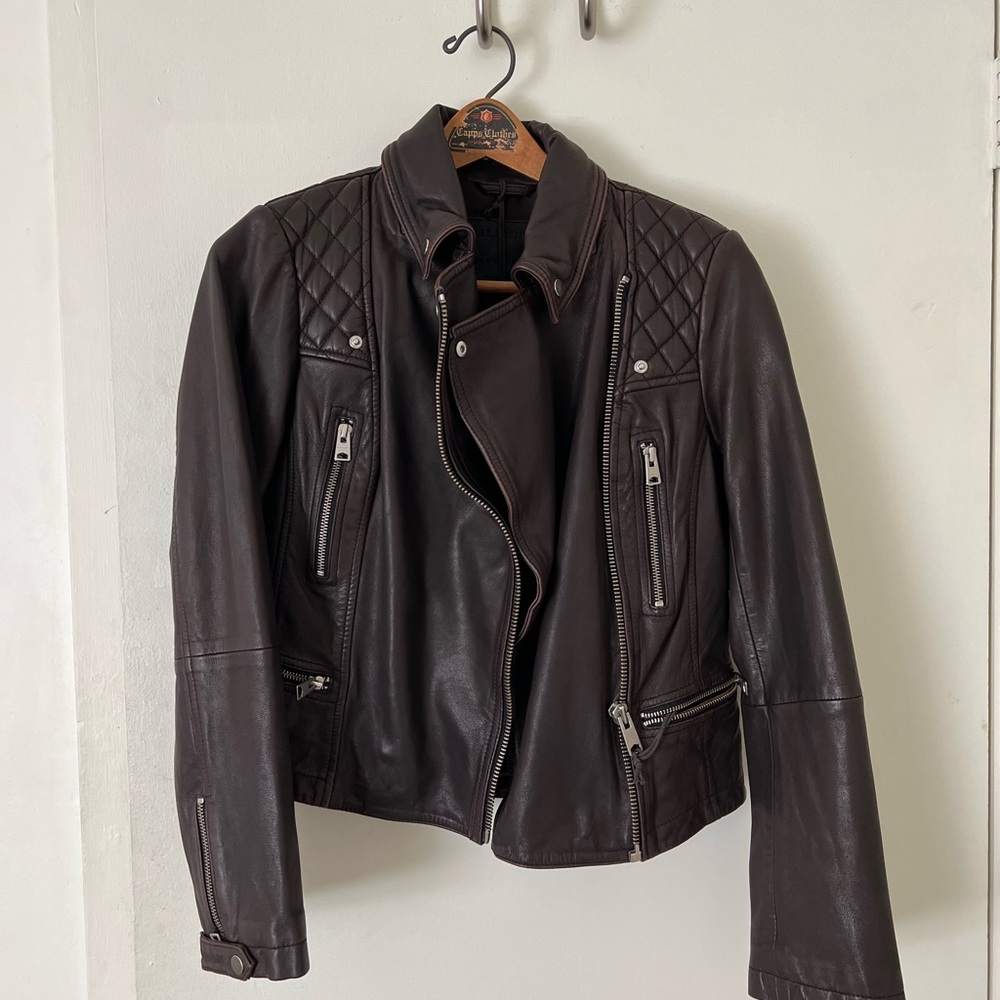 All Saints Biker Leather Motorcycle Jacket size UK 8 US 4 Burgundy